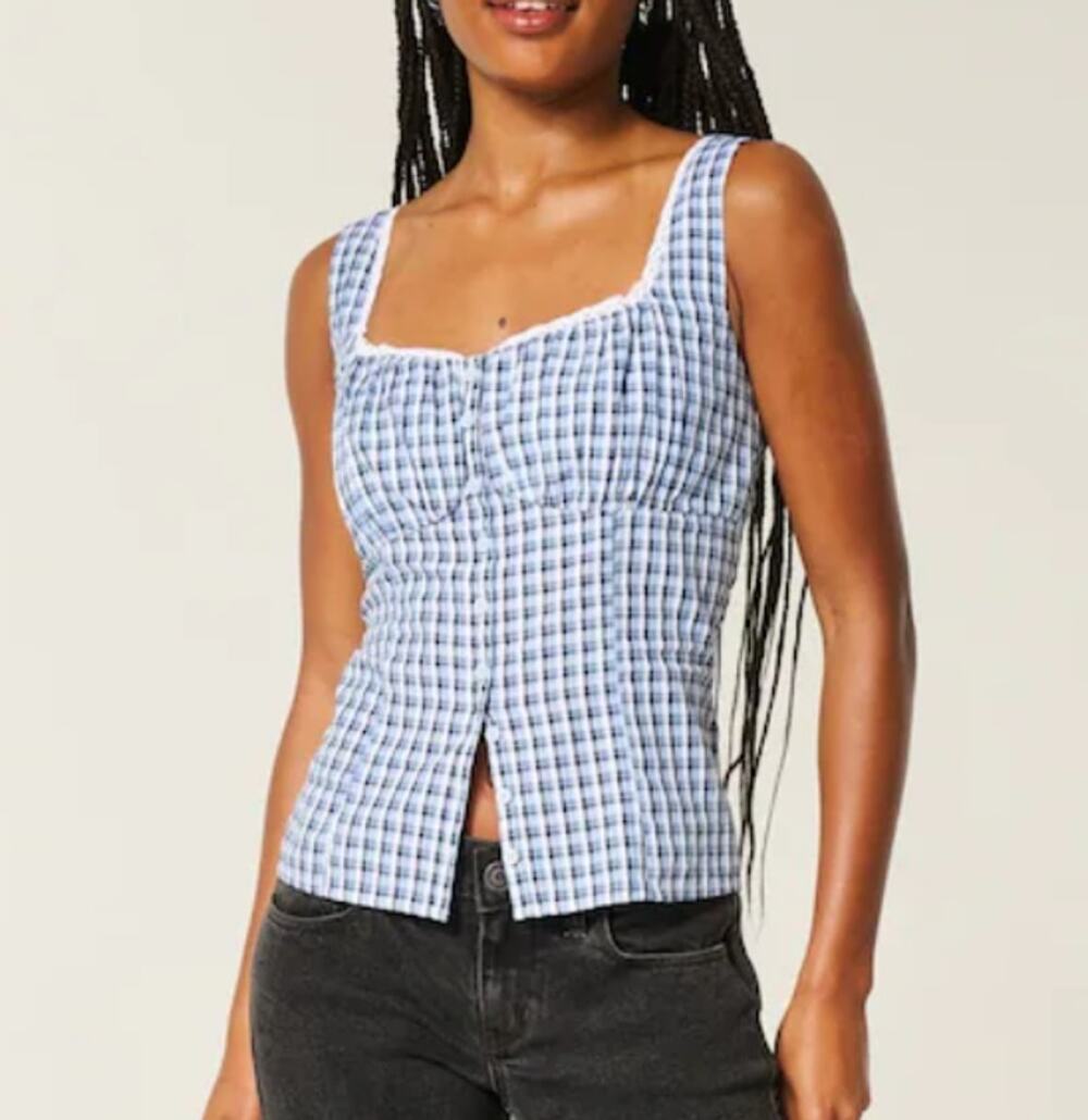 Hollister Blue Plaid Tank Large smocked button 100% cotton 2024 milkmaid